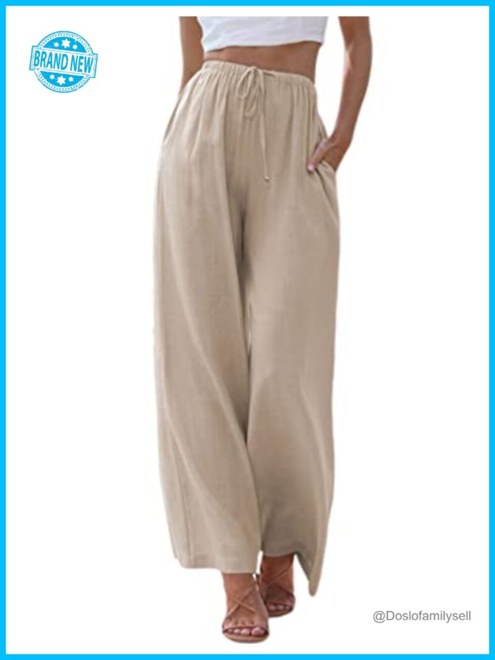 Wide Leg High Waist Cotton Linen Flowy Pants with Pockets